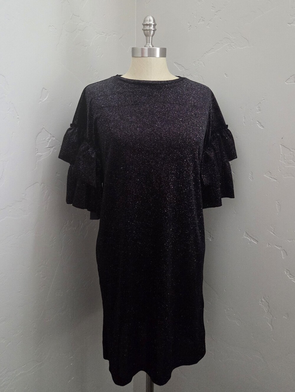 H&M Black Sparkle Holiday Midi Dress With Ruffle Sleeves